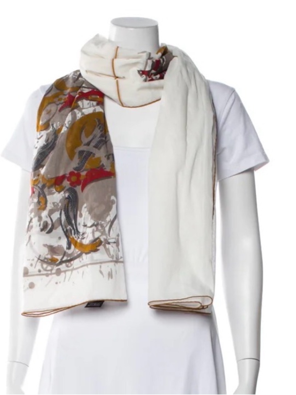 Hermes Cream Scarf with Mustard, Red and Gray Accents